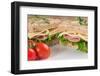 Fresh Ham and Cheese on White Sandwich in Rustic Kitchen Setting-Veneratio-Framed Photographic Print