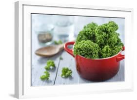 Fresh Kale in a Pot on Gray Wooden Table-Jana Ihle-Framed Photographic Print