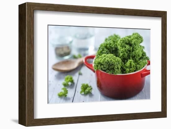 Fresh Kale in a Pot on Gray Wooden Table-Jana Ihle-Framed Photographic Print