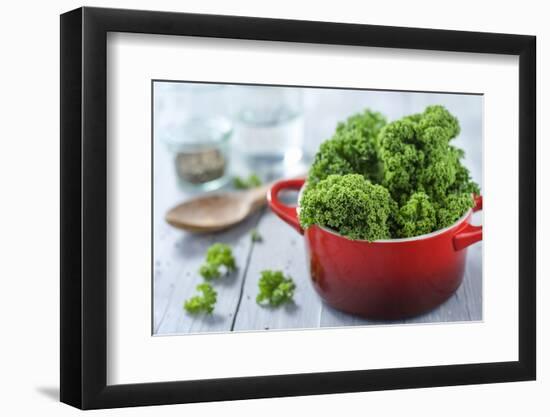 Fresh Kale in a Pot on Gray Wooden Table-Jana Ihle-Framed Photographic Print