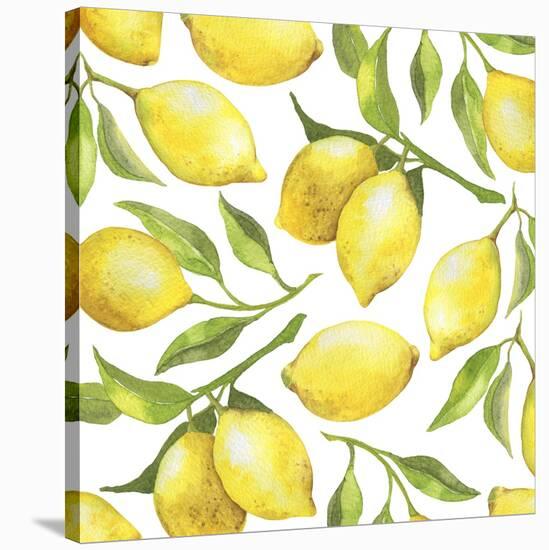 Fresh Lemons, Tree Branches, and Green Leaves-Maria Mirnaya-Stretched Canvas