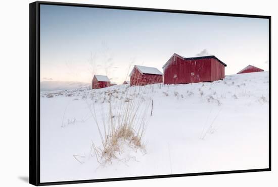 Fresh Snow Surrounds the Typical Fishermen Houses Called Rorbu in Winter, Eggum-Roberto Moiola-Framed Stretched Canvas