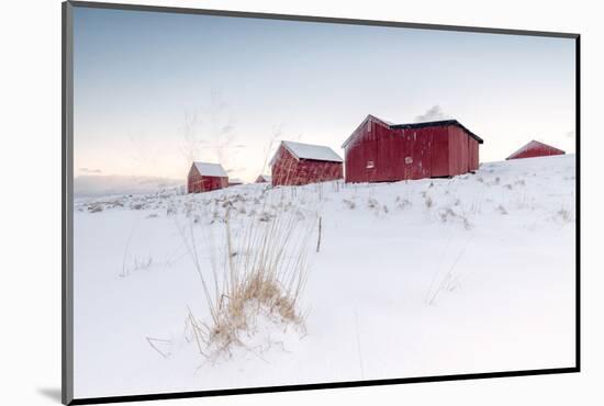 Fresh Snow Surrounds the Typical Fishermen Houses Called Rorbu in Winter, Eggum-Roberto Moiola-Mounted Photographic Print