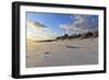 Fresh Spring Snow at Dawn Highlight Ripples and Marks in the Sand Beneath Bamburgh Castle-Eleanor-Framed Photographic Print