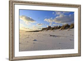 Fresh Spring Snow at Dawn Highlight Ripples and Marks in the Sand Beneath Bamburgh Castle-Eleanor-Framed Photographic Print