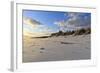 Fresh Spring Snow at Dawn Highlight Ripples and Marks in the Sand Beneath Bamburgh Castle-Eleanor-Framed Photographic Print