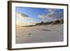 Fresh Spring Snow at Dawn Highlight Ripples and Marks in the Sand Beneath Bamburgh Castle-Eleanor-Framed Photographic Print