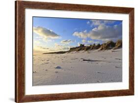 Fresh Spring Snow at Dawn Highlight Ripples and Marks in the Sand Beneath Bamburgh Castle-Eleanor-Framed Photographic Print