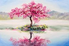 Oil Painting Landscape, Oriental Cherry Tree, Sakura on the Lake-Fresh Stock-Art Print