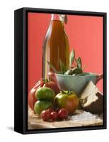 Fresh Tomatoes, Olives, Bread, Salt and Olive Oil-null-Framed Stretched Canvas