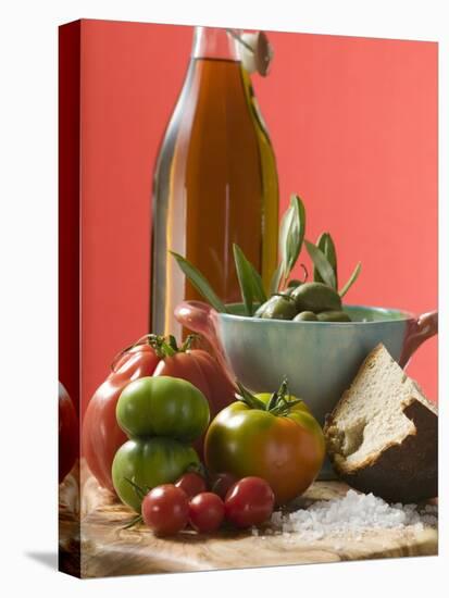 Fresh Tomatoes, Olives, Bread, Salt and Olive Oil-null-Stretched Canvas