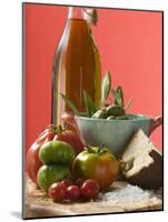 Fresh Tomatoes, Olives, Bread, Salt and Olive Oil-null-Mounted Photographic Print