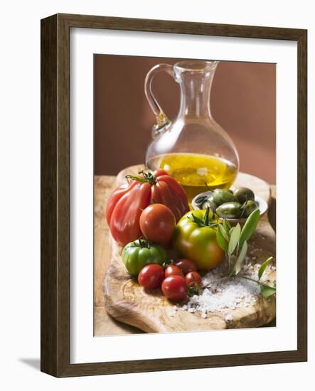 Fresh Tomatoes, Olives, Salt and Olive Oil-null-Framed Photographic Print