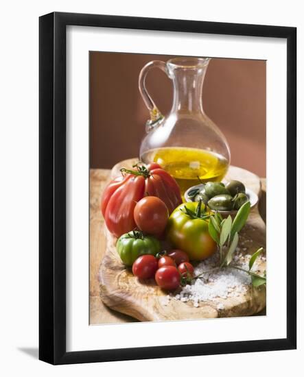 Fresh Tomatoes, Olives, Salt and Olive Oil-null-Framed Photographic Print