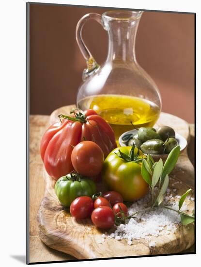 Fresh Tomatoes, Olives, Salt and Olive Oil-null-Mounted Photographic Print