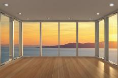 Empty Modern Lounge Area with Large Bay Window and View of Sea-FreshPaint-Mounted Art Print