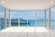 Empty Modern Lounge Area with Large Bay Window and View of Sea-FreshPaint-Photographic Print