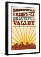 Fresno, California - Skyline and Sunburst Screenprint Style-Lantern Press-Framed Art Print