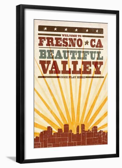 Fresno, California - Skyline and Sunburst Screenprint Style-Lantern Press-Framed Art Print