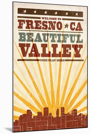 Fresno, California - Skyline and Sunburst Screenprint Style-Lantern Press-Mounted Art Print