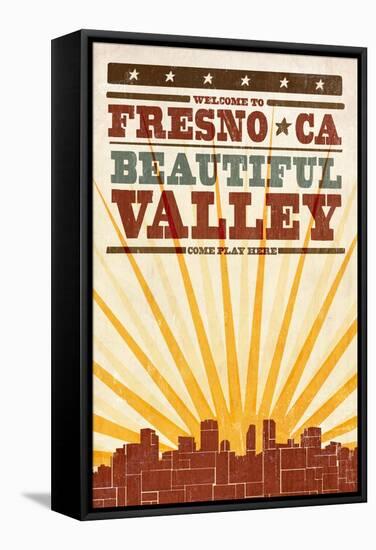 Fresno, California - Skyline and Sunburst Screenprint Style-Lantern Press-Framed Stretched Canvas