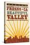 Fresno, California - Skyline and Sunburst Screenprint Style-Lantern Press-Stretched Canvas