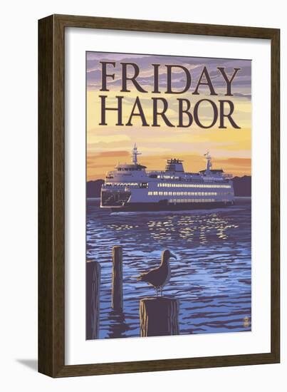 Friday Harbor, Washington - Ferry Sunset and Gull-Lantern Press-Framed Art Print