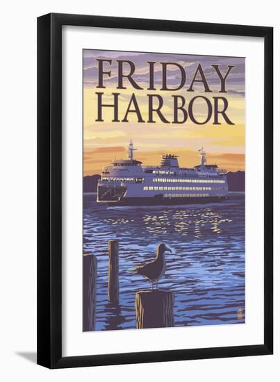 Friday Harbor, Washington - Ferry Sunset and Gull-Lantern Press-Framed Art Print