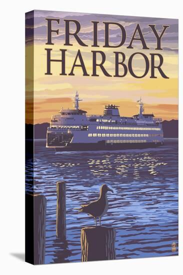 Friday Harbor, Washington - Ferry Sunset and Gull-Lantern Press-Stretched Canvas