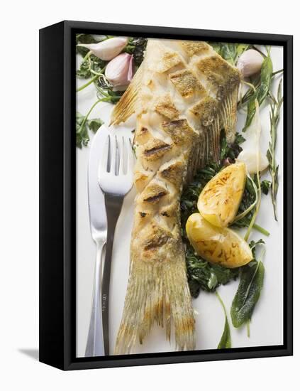 Fried Sea Bass with Herbs, Garlic and Lemon-null-Framed Stretched Canvas