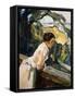 Frieda, the Artist's Wife, Leaning over the Balcony-Leo Putz-Framed Stretched Canvas