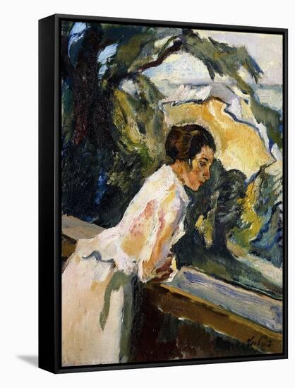 Frieda, the Artist's Wife, Leaning over the Balcony-Leo Putz-Framed Stretched Canvas