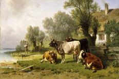 Cattle in a Farmyard Along a River with a Fisherman Beyond, 1881-Friedrich Johann Voltz-Framed Giclee Print