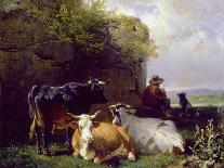 Cattle in a Farmyard Along a River with a Fisherman Beyond, 1881-Friedrich Johann Voltz-Giclee Print