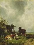 Cattle in a Farmyard Along a River with a Fisherman Beyond, 1881-Friedrich Johann Voltz-Stretched Canvas