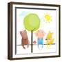 Friendly Animals and Kid Cute Funny Friends Cartoon Sitting High. Child Kid and Fox, Bear Colorful-Popmarleo-Framed Art Print