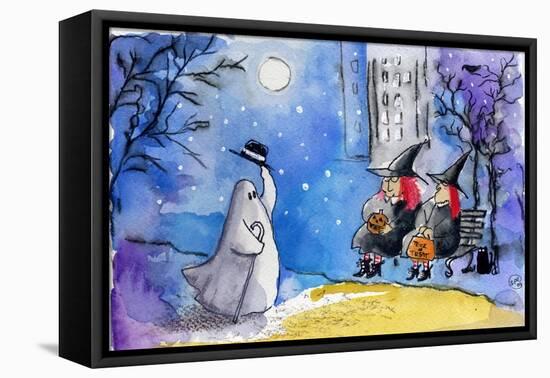 Friendly Ghost Halloween City Witches-sylvia pimental-Framed Stretched Canvas