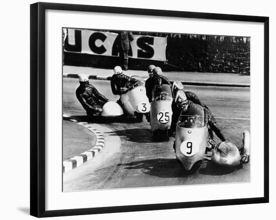 Fritz Scheidegger, Walter Schneider and Helmut Fath Competing in a Sidecar Race, 1959-null-Framed Photographic Print