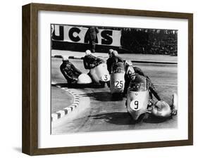 Fritz Scheidegger, Walter Schneider and Helmut Fath Competing in a Sidecar Race, 1959-null-Framed Photographic Print