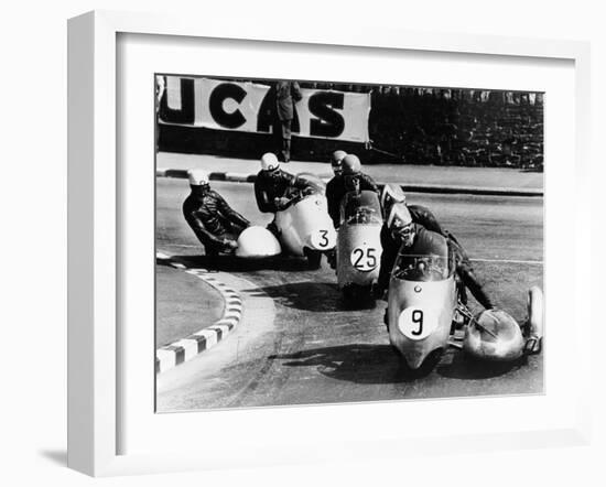 Fritz Scheidegger, Walter Schneider and Helmut Fath Competing in a Sidecar Race, 1959-null-Framed Photographic Print