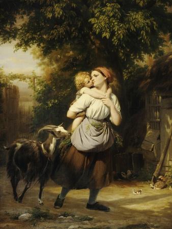 A Mother and Child with a Goat on a Path