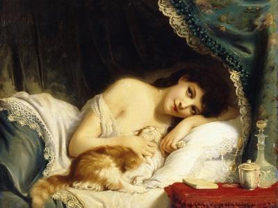 A Reclining Beauty with Her Cat