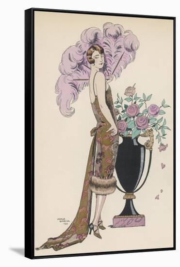 Frock Fur and Feather Fan-Georges Barbier-Framed Stretched Canvas