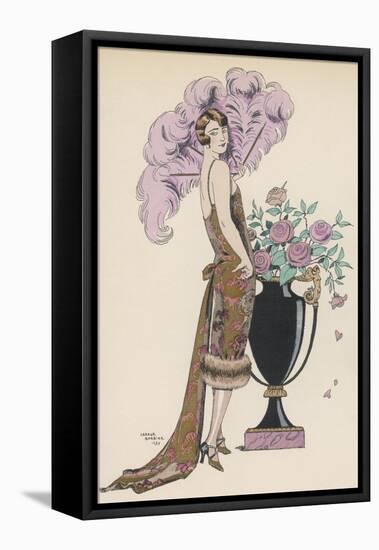 Frock Fur and Feather Fan-Georges Barbier-Framed Stretched Canvas