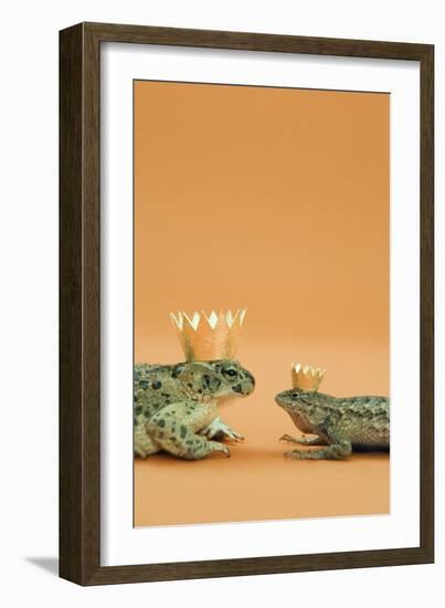 Frog and Lizard Wearing Crowns-Walter B. McKenzie-Framed Photographic Print