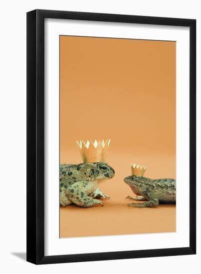 Frog and Lizard Wearing Crowns-Walter B. McKenzie-Framed Photographic Print