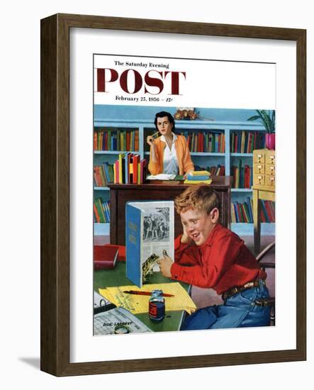 "Frog in the Library" Saturday Evening Post Cover, February 25, 1956-Richard Sargent-Framed Giclee Print