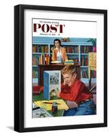 "Frog in the Library" Saturday Evening Post Cover, February 25, 1956-Richard Sargent-Framed Giclee Print