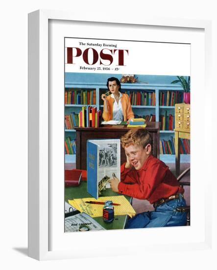 "Frog in the Library" Saturday Evening Post Cover, February 25, 1956-Richard Sargent-Framed Giclee Print