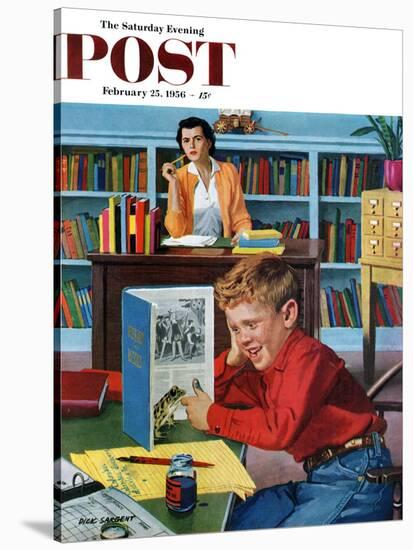 "Frog in the Library" Saturday Evening Post Cover, February 25, 1956-Richard Sargent-Stretched Canvas